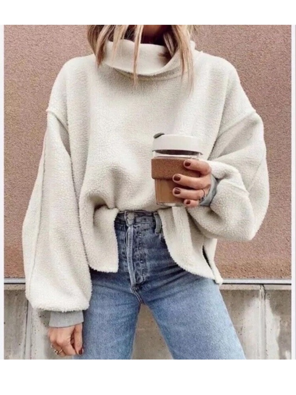 Free People Cream Cozy Funnel Neck Sweatshirt
